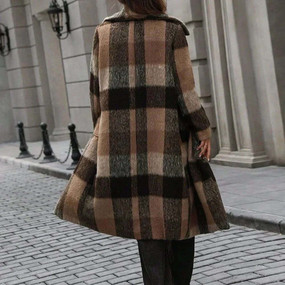 Multicolor Casual Women's Plaid Lapel Wool Blend Long Sleeve Cardigan Coat